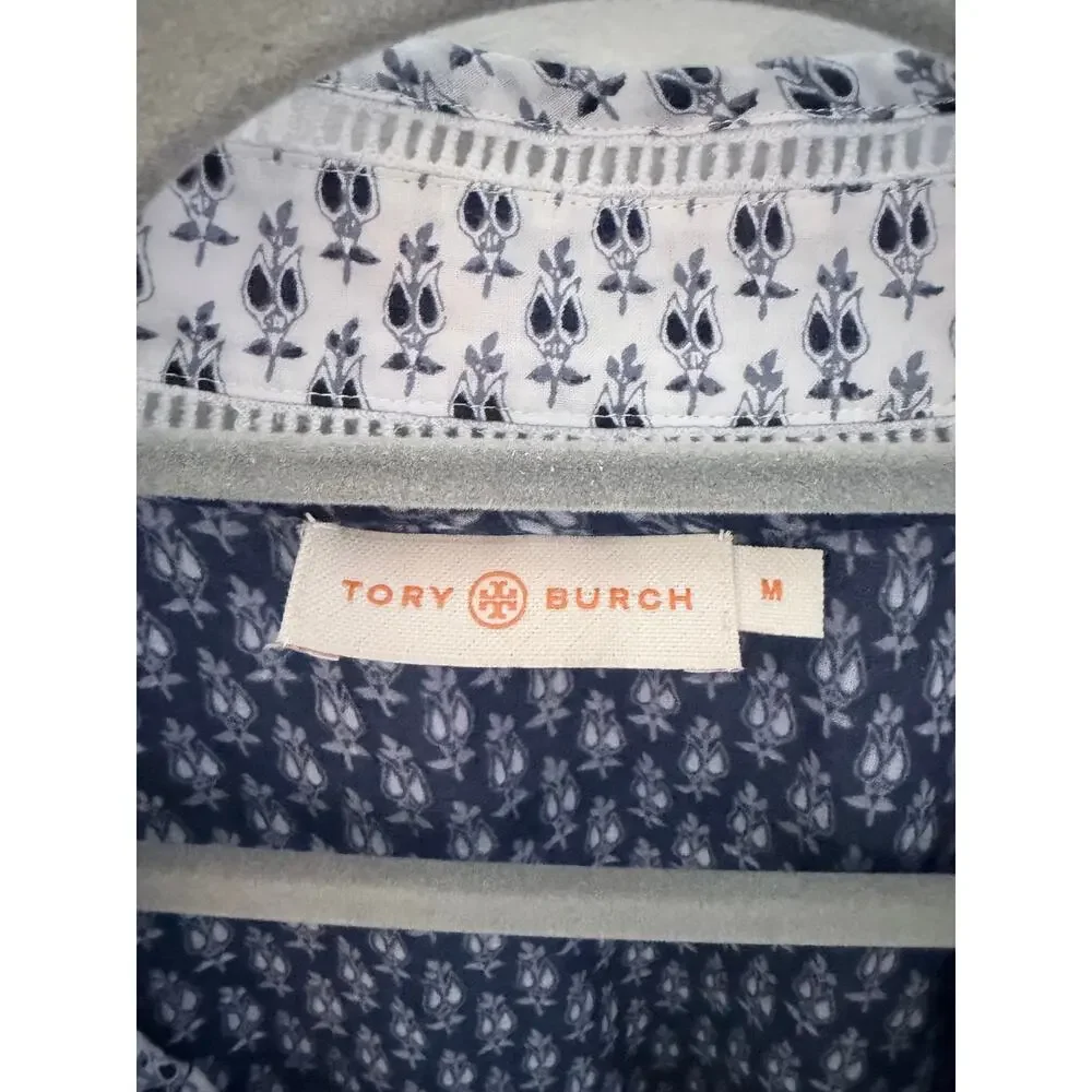 Tory Burch Blue White Floral Boria Tunic 3/4 Sleeve Top-Size Medium